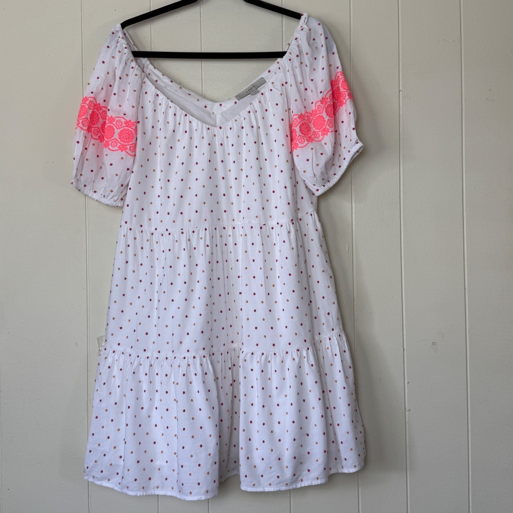 LOFT Womens White‎ Polka Dot Tiered Mini Babydoll Dress Embroidered Size M Neon